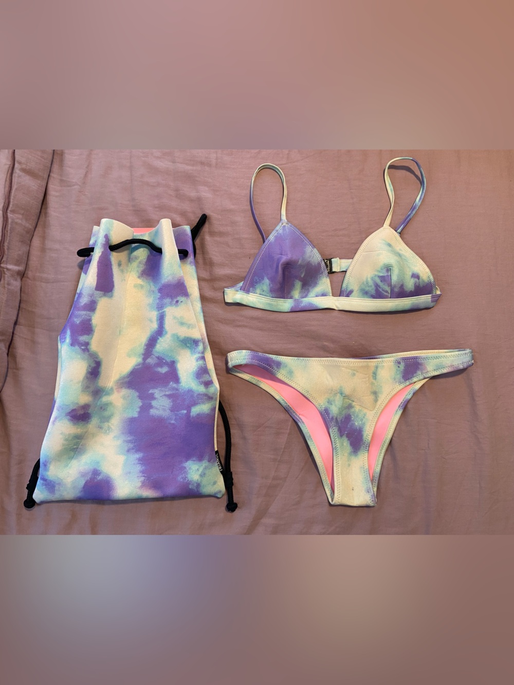Tie-Dye Lavender & Aqua Bikini Set with Drawstring Bag